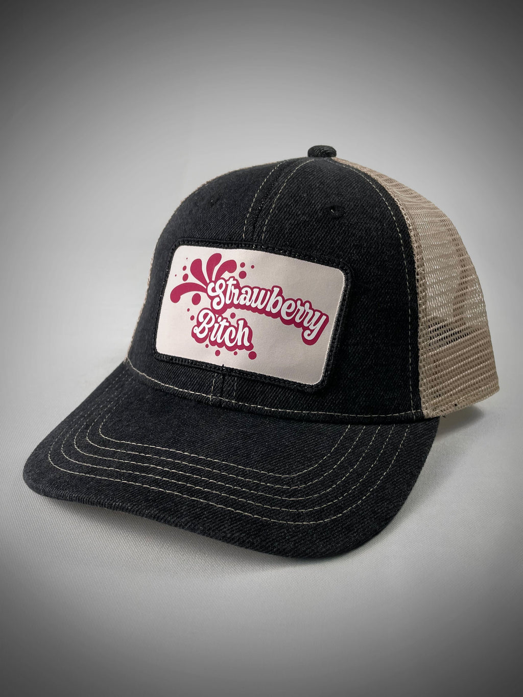 Strawberry Bitch Patch Trucker Snapback Hat (Black Denim/Putty Mesh)